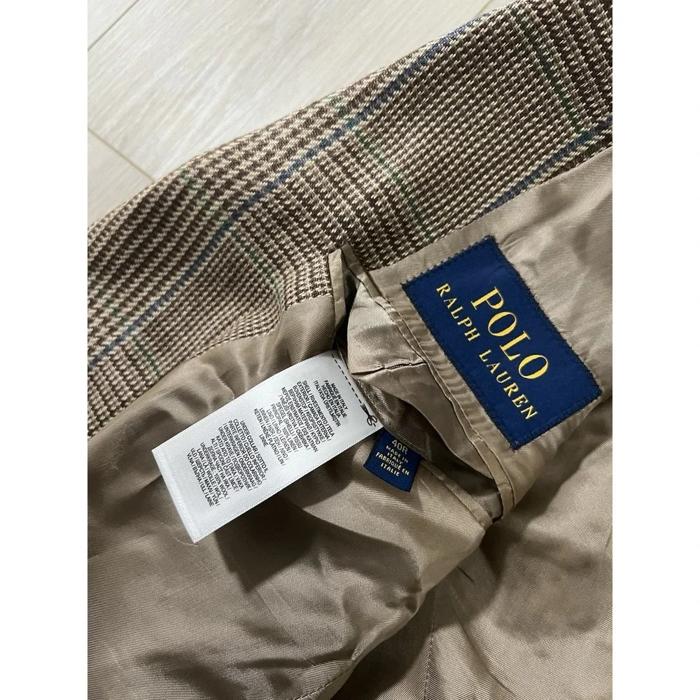 Polo Ralph Lauren 100% Linen Brown Houndstooth Constructed Tweed Blazer 40R